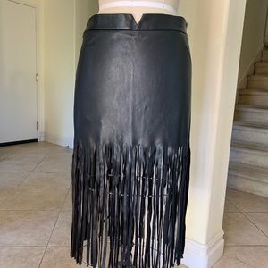 Faux leather fringe detailed midi skirt
